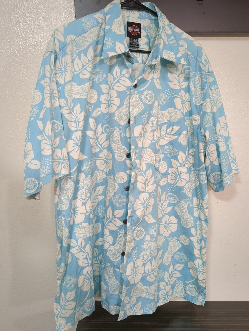 Harley Davidson Shirt Mens XL Light Blue Hawaiian Vintage Buttons Tori Richard